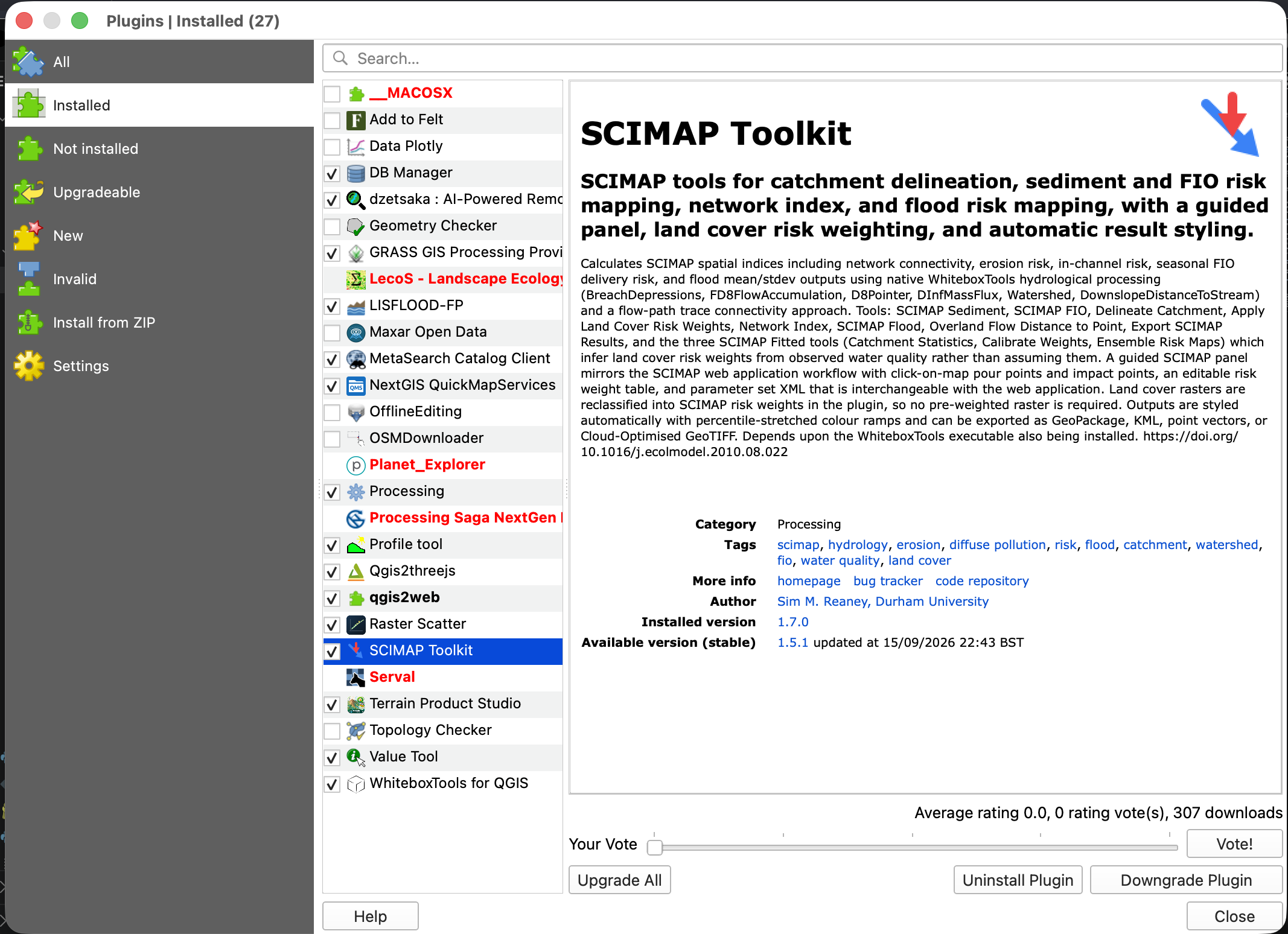 QGIS Plugin Manager showing SCIMAP Toolkit installed and enabled