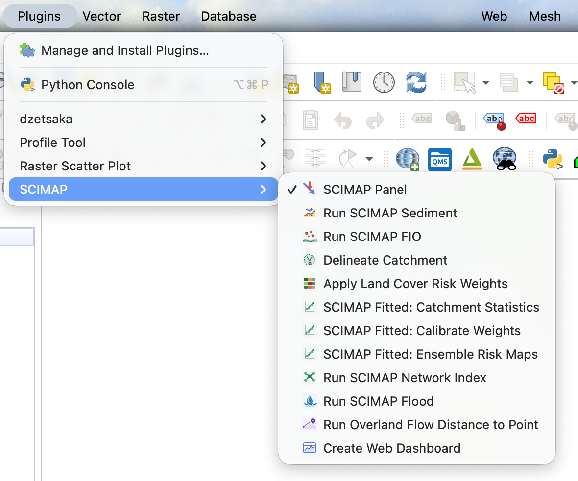Plugins menu showing the SCIMAP submenu