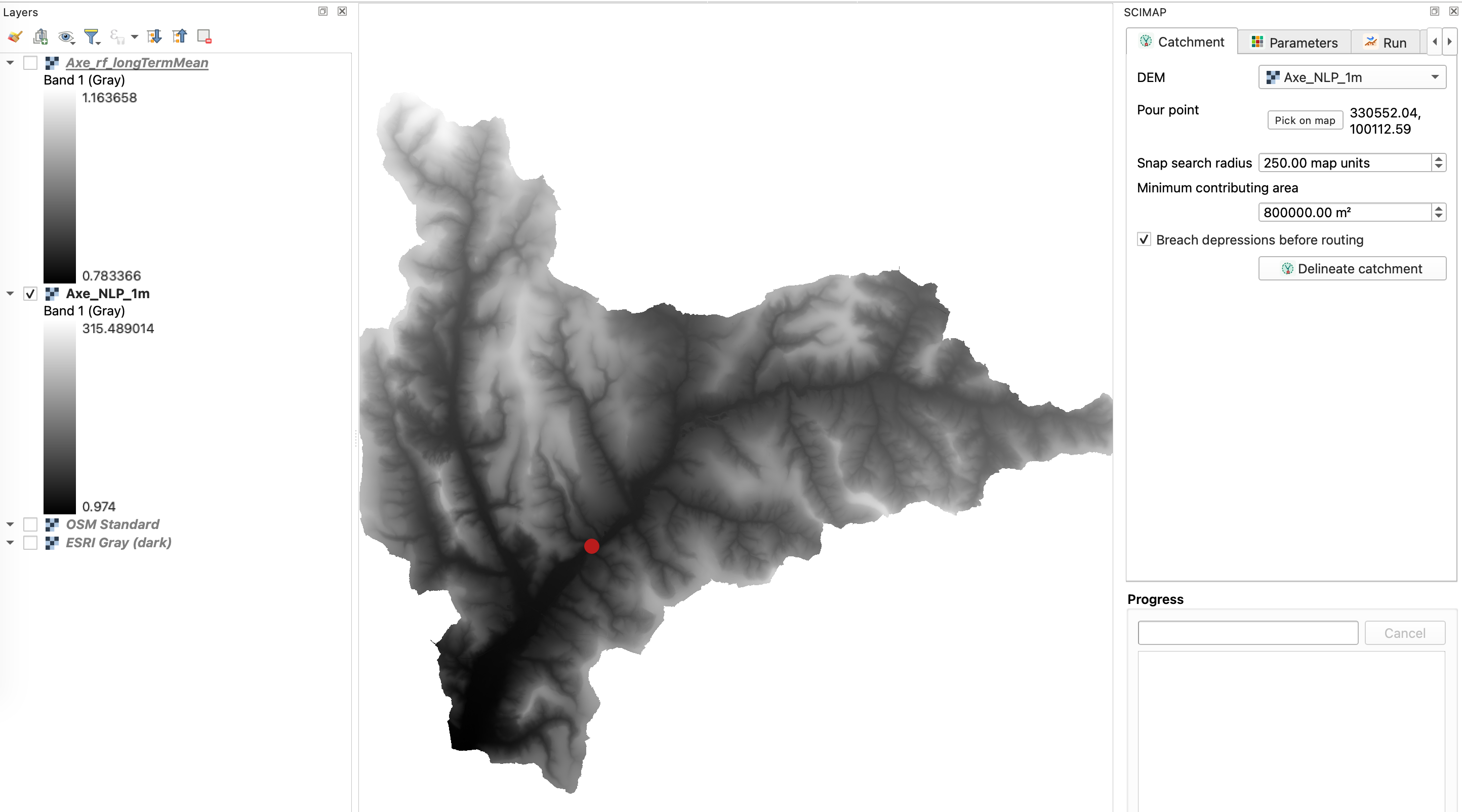 The Catchment tab with a pour point picked on the map