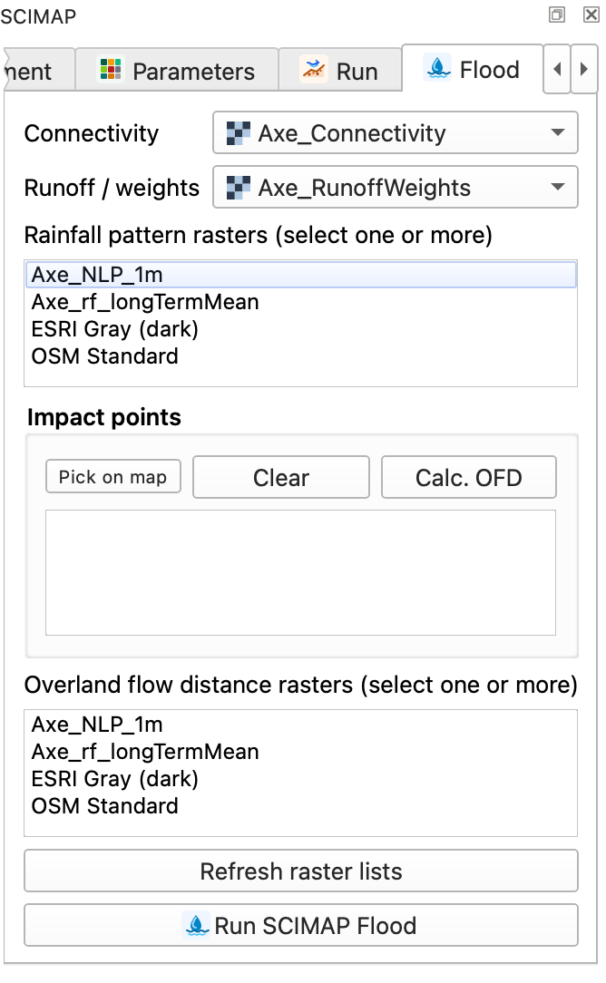 The Flood tab with impact points picked on the map