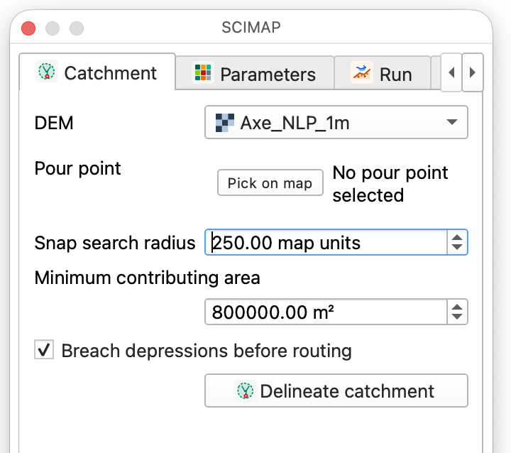 The SCIMAP Panel docked in QGIS, showing all five tabs