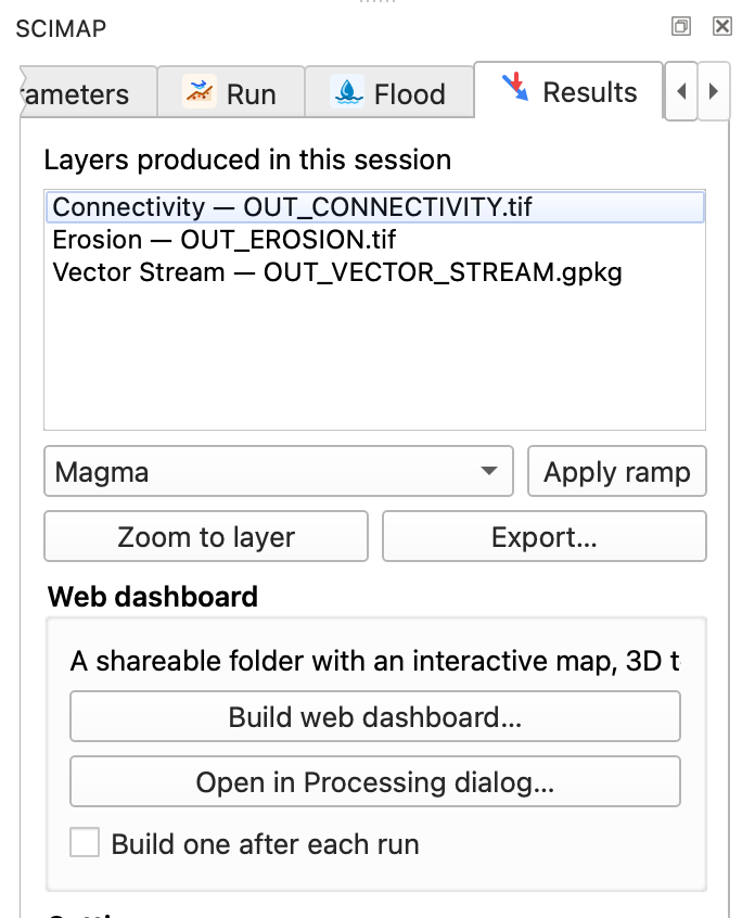 The Results tab with a run's output layers listed