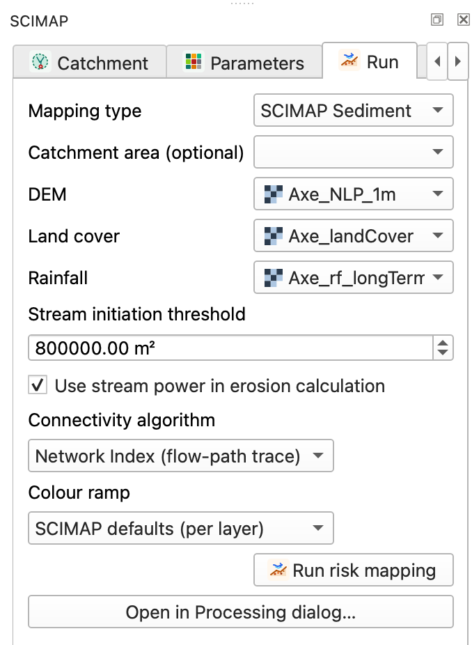 The Run tab set up for a SCIMAP Sediment run