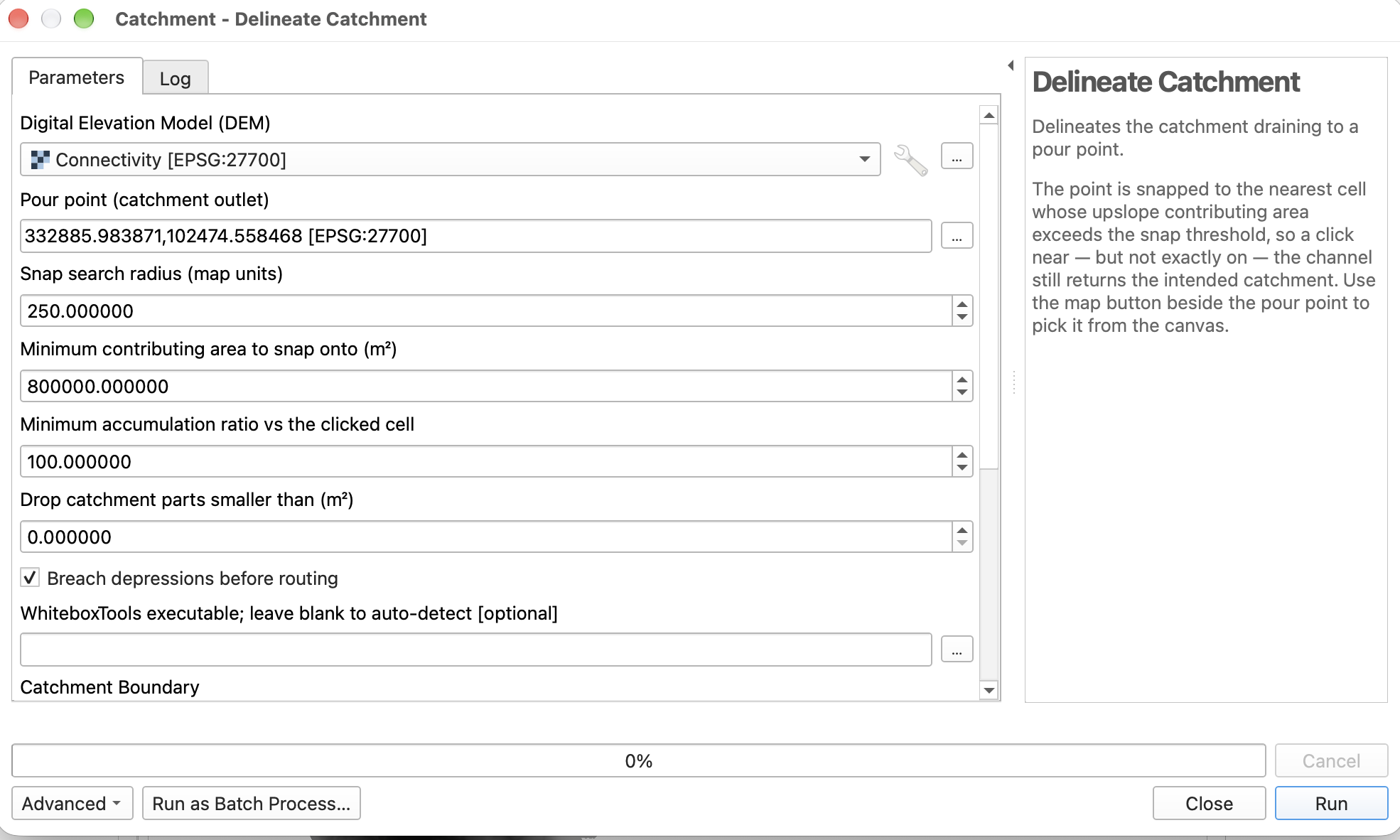 Delineate Catchment Processing dialog