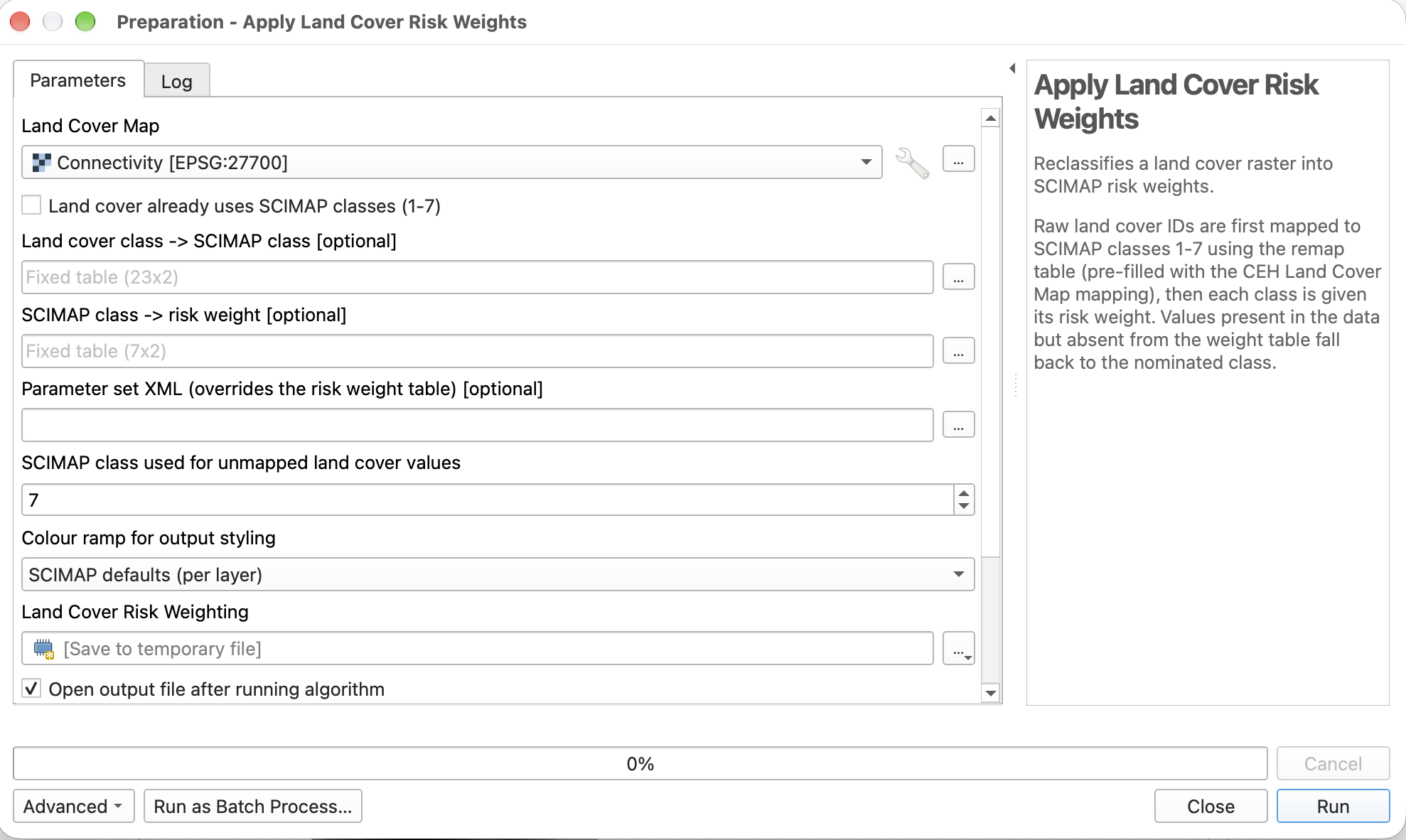 Apply Land Cover Risk Weights Processing dialog