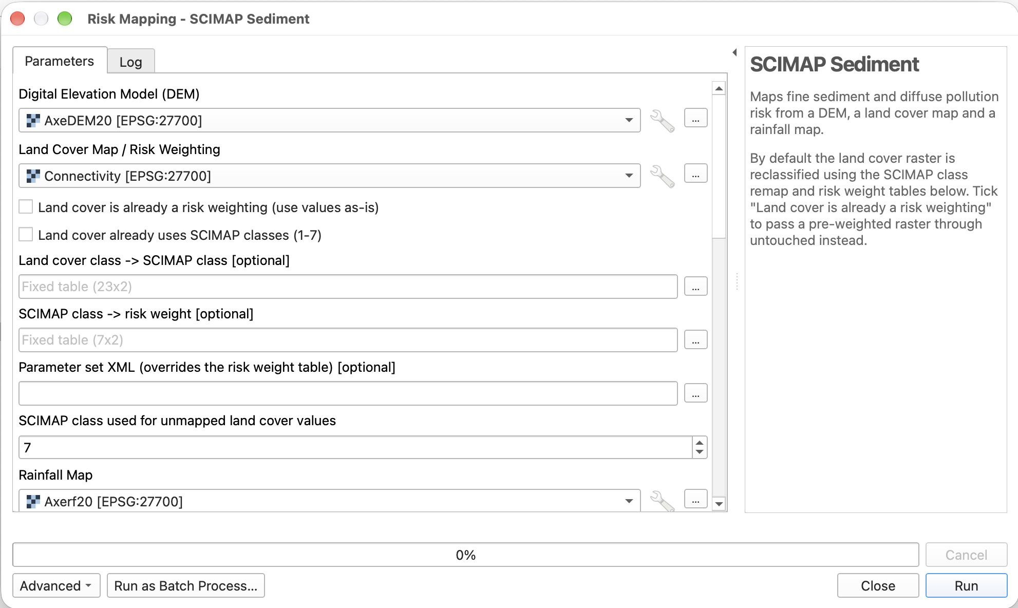 SCIMAP Sediment Processing dialog