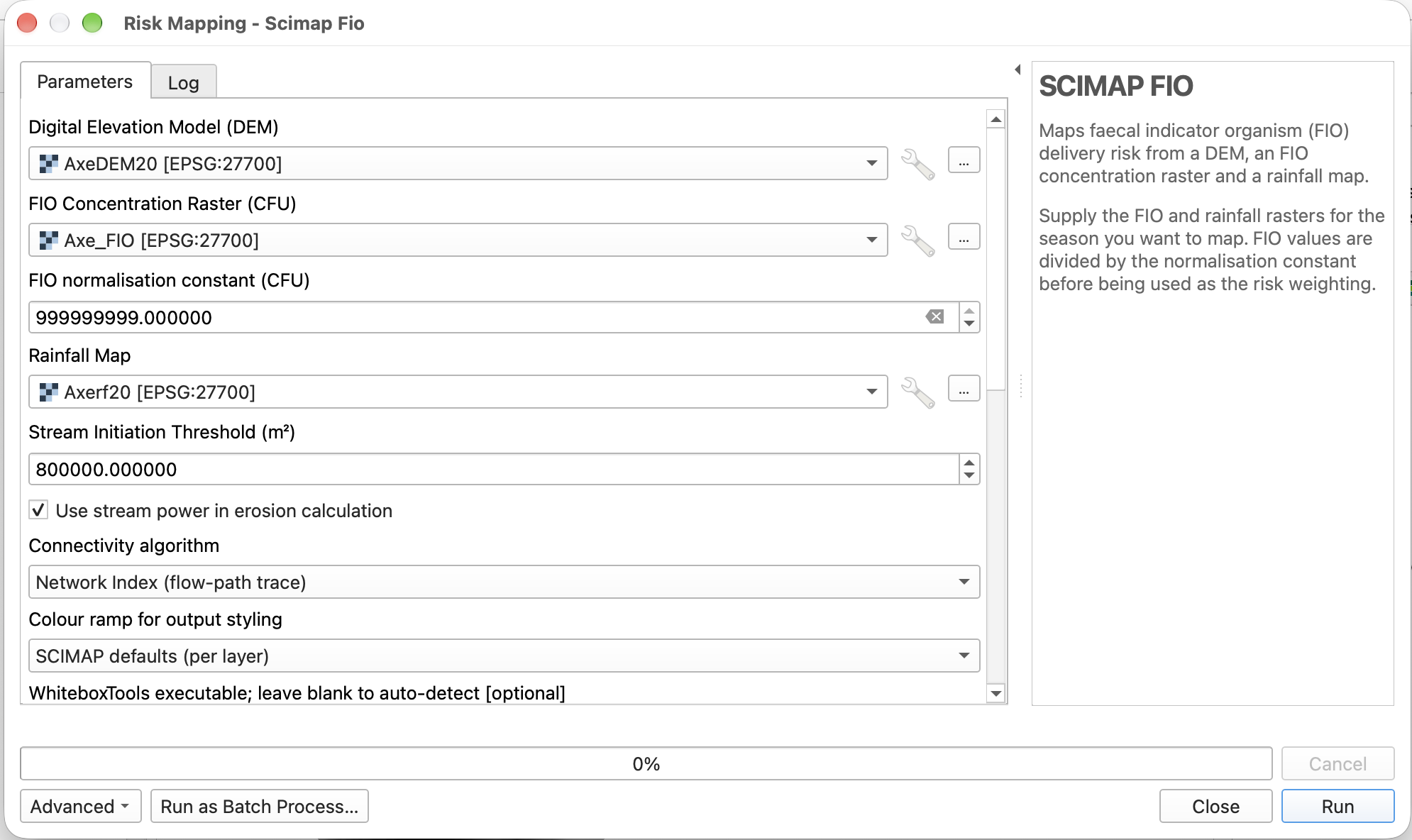 SCIMAP FIO Processing dialog