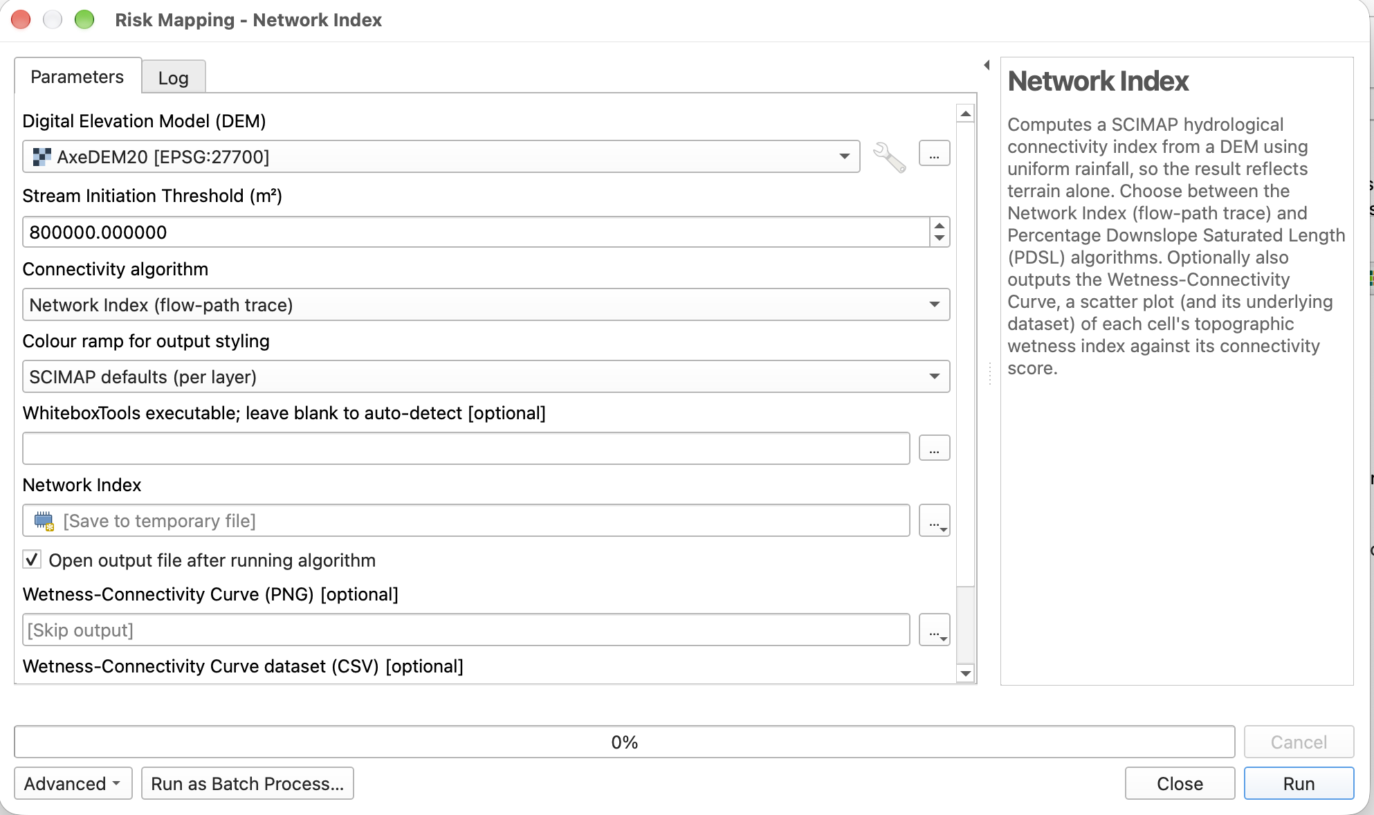 Network Index Processing dialog