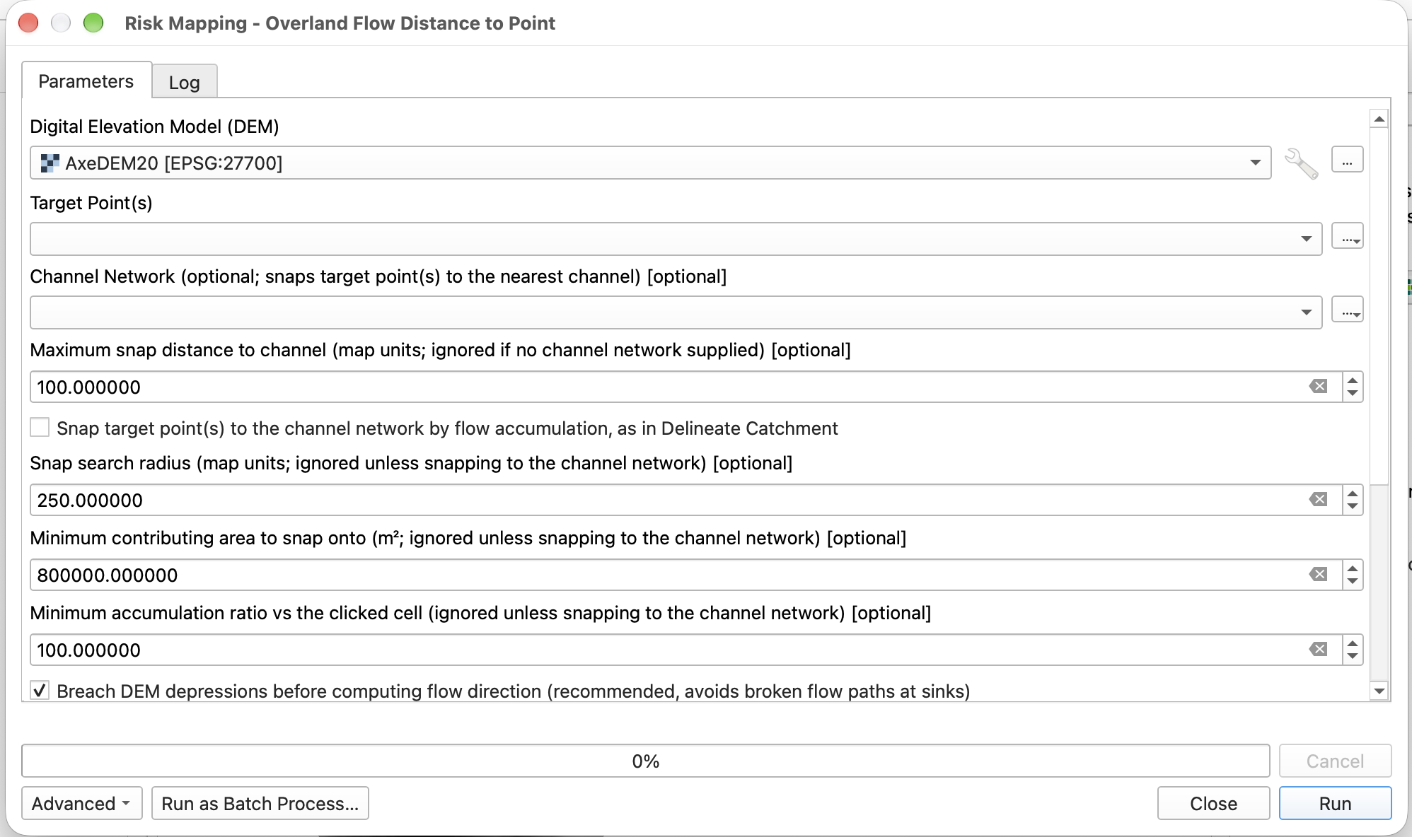 Overland Flow Distance to Point Processing dialog
