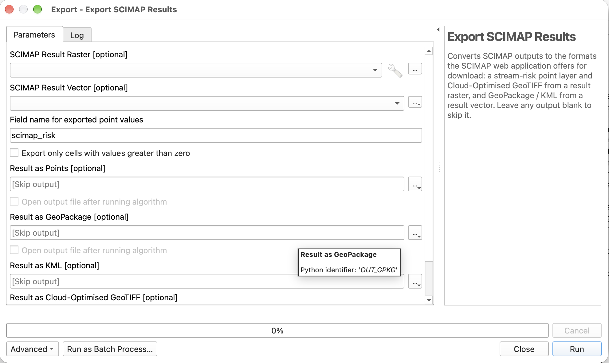 Export SCIMAP Results Processing dialog