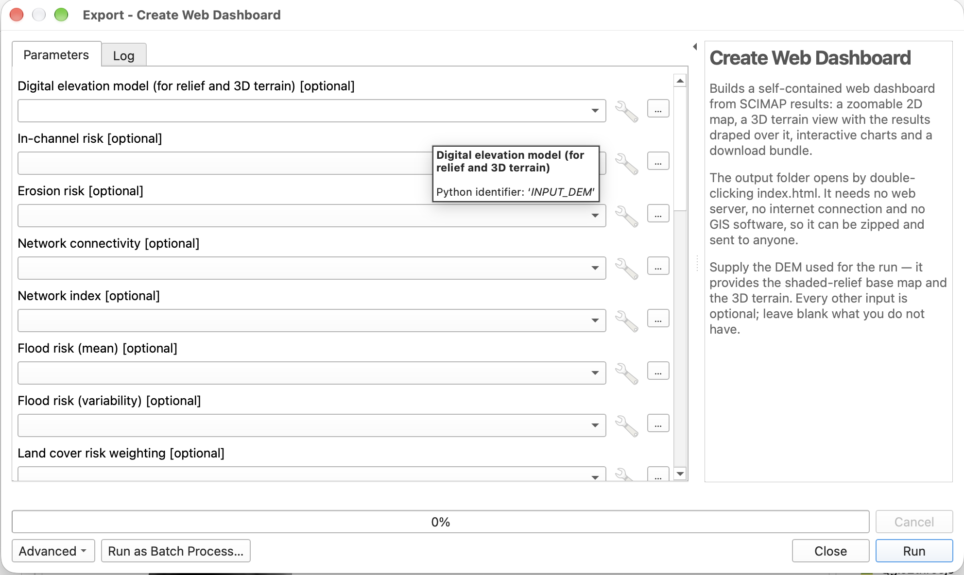 Create Web Dashboard Processing dialog